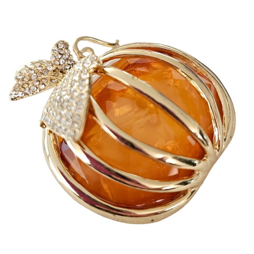 Napier Gold-Tone Caged Orange Resin Pumpkin Rhinestone Leaf Brooch Signed, L98 - Picture 4 of 8
